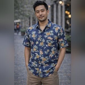Denim & Flower Ricky Singh Pineapple Print Button Down Shirt Men’s L Slim Fit